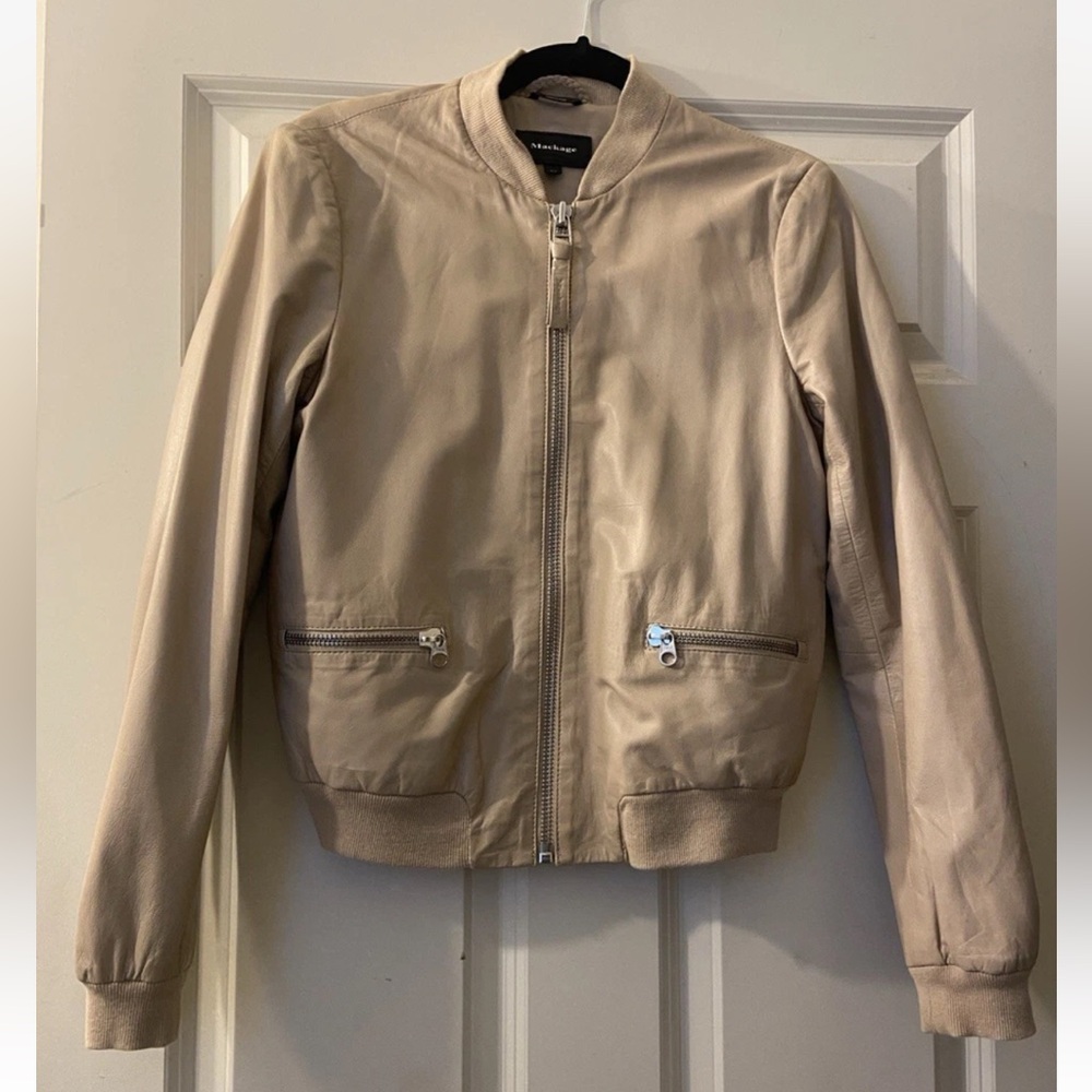 Mackage Cream Leather Zip-Front Bomber